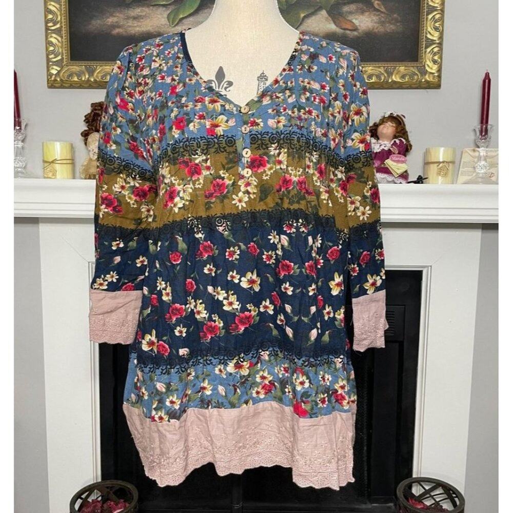 Gracila Boho Peasant Pleated Floral Blouse Size 2X NO SIZE TAG